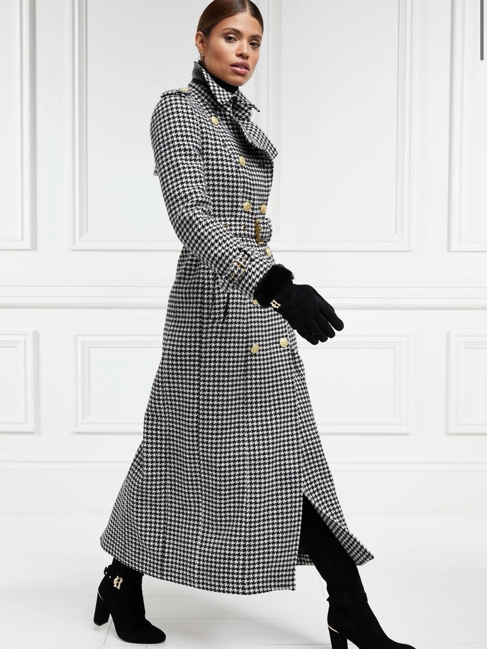 Hollan Cooper Houndstooth Marlborough Trench Coat - Black & White